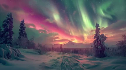 Fototapeten aurora borealis, Northern lights sky, green, lila, yellow, Enchanting light phenomenon, copy and text space,  © Christian