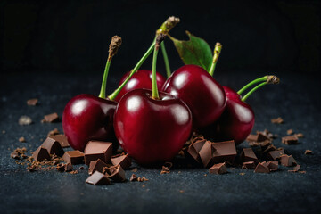 Cherry ai generated. Cherry with chocolate on dark background. Cherries with leaves. Choko on black background. Generative AI.