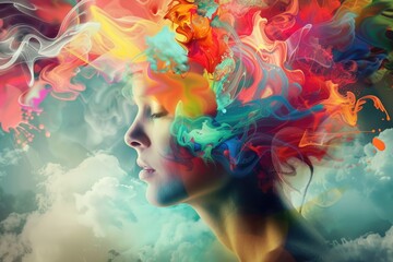 A womans head is depicted emitting colorful smoke in a visually striking and expressive manner, showcasing creativity and individuality - obrazy, fototapety, plakaty