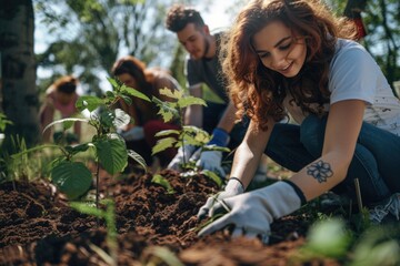 A diverse group of individuals collaborate in tending a garden, demonstrating teamwork, sustainability, and a shared love for nurturing plant life - obrazy, fototapety, plakaty