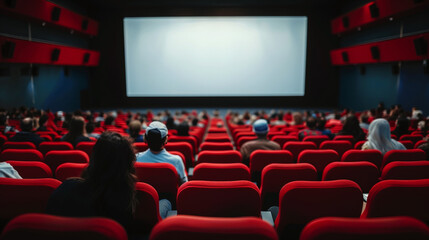 Blank wide screen in movie theater and people sitting on red chairs in movie theater. Blurred People silhouettes watching a movie performance