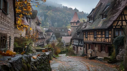 Fototapete Altes Gebäude palatinate old historical village,Half-timbered houses, cobblestones, mountains, forest, 16:9