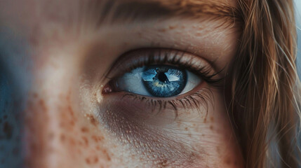 close up of a female eye, blue color and freckles on her face