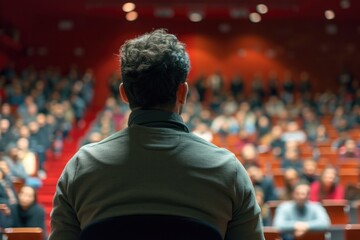 A man stands confidently before a diverse crowd, engaging in a powerful lecture or speech. The audience listens attentively, captivated by his presence - obrazy, fototapety, plakaty