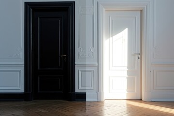 An empty room illuminated by a window, showcasing a white door and a black door, each exuding a sense of mystery and choice