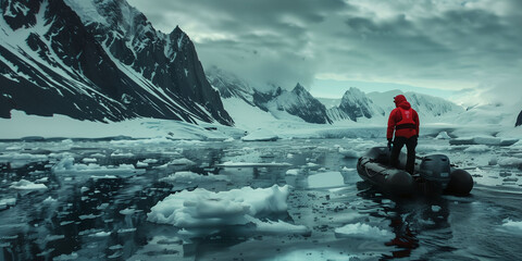 A man in a red jacket is on a boat in the middle of a frozen lake