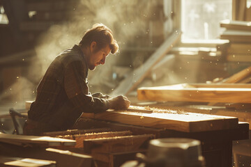 Master Craftsman Precision at Work in Sunlit Woodworking Shop Banner - obrazy, fototapety, plakaty
