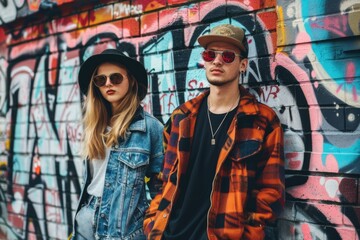 Fototapeta premium A stylish man and woman standing confidently in front of a vibrant graffiti wall, exuding urban coolness and artistic flair