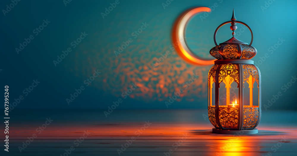 Wall mural 3d modern islamic holiday banner with lit up lantern and crescent moon decor on serene evening blue 