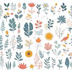 A collection of seamless pattern, colorful abstract plants and flowers. Hand drawn Collection of leaves and flowers. A close up of a pattern of flowers and leaves.
