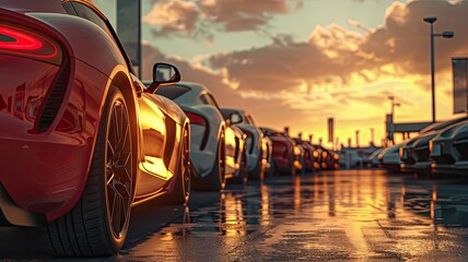 a row of modern cars displayed for sale on a car lot, set against a stunning sky background bathed in sunlight, presented in a photo-realistic, high-resolution style devoid of brand logos. - obrazy, fototapety, plakaty