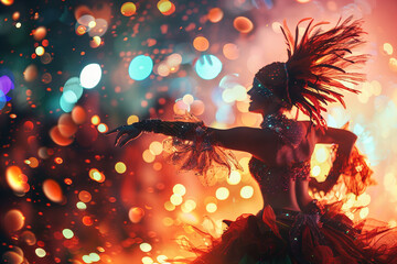 Festive Carnival Dancer Radiates in Colorful Bokeh Light Spectacle Banner - obrazy, fototapety, plakaty
