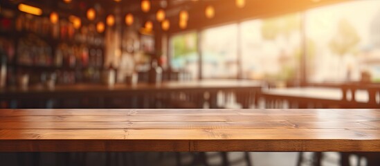 A wooden table surface is seen in a restaurant setting with an out-of-focus background