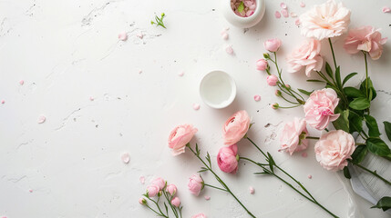 pink roses on a white background top view, leaves scattered around, mother's day concept