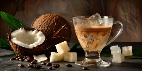 Coffee drink with coconut milk and stevia sugar substitute. Concept: alternative nutrition, healthy replacement - obrazy, fototapety, plakaty