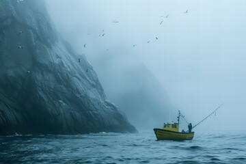 Misty Seascape with Solitary Fisher and Circling Birds Banner - obrazy, fototapety, plakaty