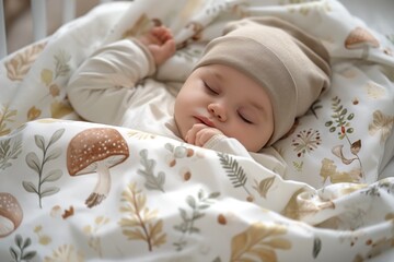 Fototapeta na wymiar Cute little baby asleep in woodland-themed bedding