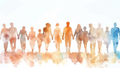 A watercolor illustration of multiple people holding hands, walking towards the camera on a white background Generative AI - obrazy, fototapety, plakaty
