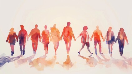 A watercolor illustration of multiple people holding hands, walking towards the viewer in different poses and sizes Generative AI