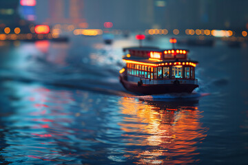 Twilight Voyage: Illuminated Boat Glides Through Serene Waters Amidst City Lights Banner - obrazy, fototapety, plakaty