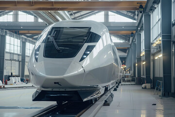 Fototapeta na wymiar Modern High-Speed Train Awaiting Departure in Maintenance Hangar Banner