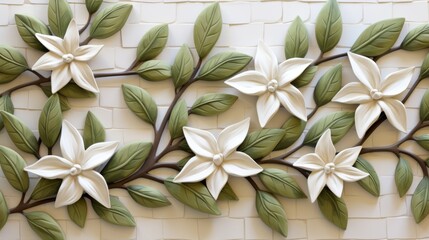 White geometric floral leaves 3d wall tile texture background panorama banner design