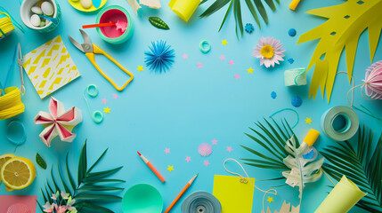 Flat lay of a summer DIY craft project with materials tools and instructions. - obrazy, fototapety, plakaty