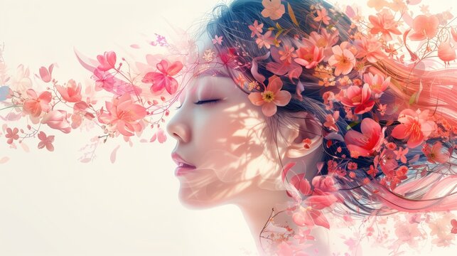 A digital artwork featuring a woman's profile with translucent flowers entwined in her flowing hair, symbolizing self-care and inner peace.