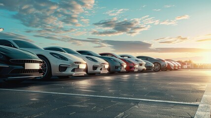 Obraz premium a row of modern cars displayed for sale on a car lot, set against a stunning sky background bathed in sunlight, presented in a photo-realistic, high-resolution style devoid of brand logos.