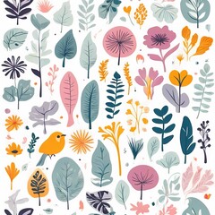 A collection of seamless pattern, colorful abstract plants and flowers. Hand drawn Collection of leaves and flowers. A close up of a pattern of flowers and leaves.
