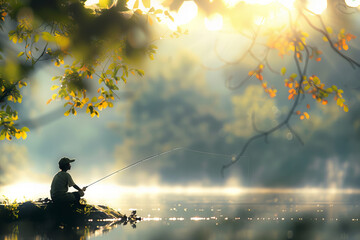 Serene Morning Fishing Adventure Under Golden Sunlight Banner - obrazy, fototapety, plakaty