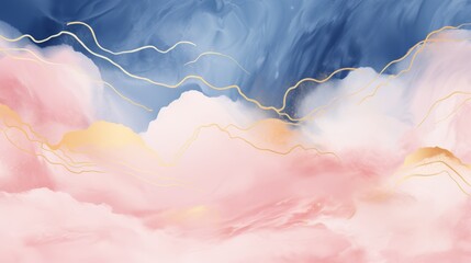 Soft pastel pink blue watercolor paint with golden lines and fluid marbled texture