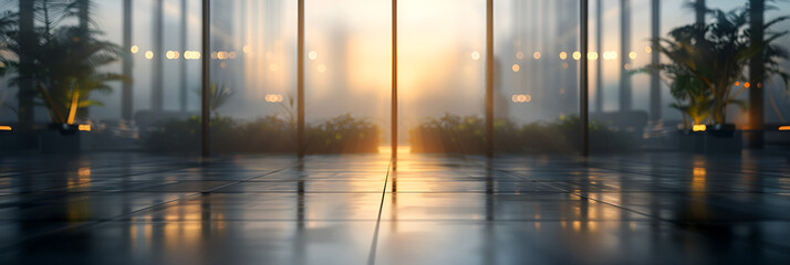 Glass Hallway With Glass And Modern Office Buildings Background