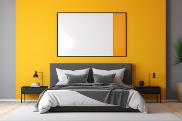 A sleek and modern bedroom with a dark bed, featuring an empty mockup frame on a vibrant yellow wall. 8k,