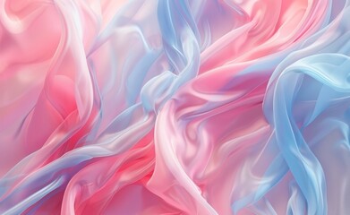 A close-up of gentle folds in silky fabric, with a delicate interplay of soft pink and blue hues giving a sense of tranquility. - obrazy, fototapety, plakaty