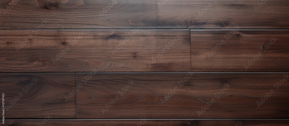 Poster a close up of a brown hardwood floor with a beautiful wood stain pattern. the rectangular planks cre