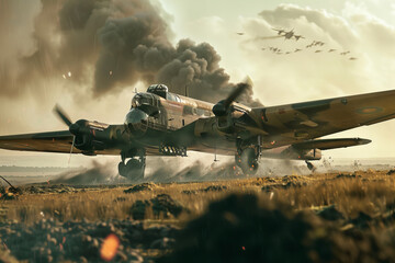 Epic Historical Battle Scene with Bomber Aircraft and Fiery Skies Banner - obrazy, fototapety, plakaty