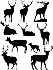 The black silhouette of deer that lie, stand and walk, adult males and a female with a cub.