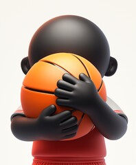 3D illustration of a chubby cute black faceless basketball player, wearing jerseys and holding a basket ball, isolated on white background