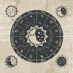 Vector circle of the Zodiac with icons, names, signs, constellations, Sun and Moon on the background of an ancient manuscript in retro style - 767397891