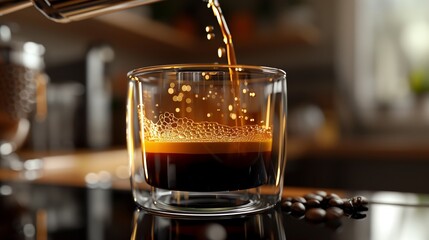 A cup of black coffee. Coffee being poured into the glass crystal cup. Generated by artificial intelligence. - obrazy, fototapety, plakaty