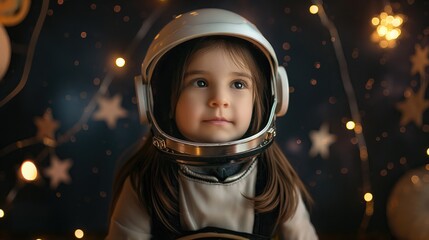 Portrait of a cute little girl in an astronaut helmet on the background of a star garland. International Day of Human Space Flight
