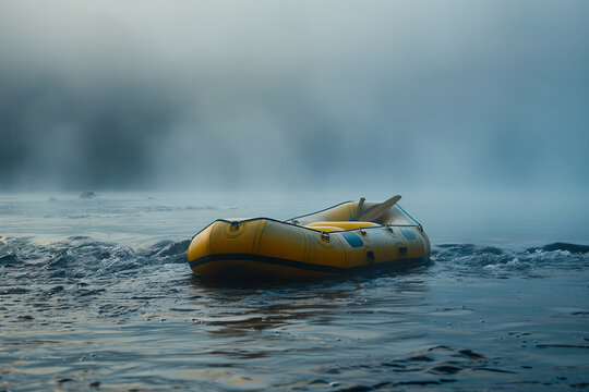 Solitary Yellow Raft Drifting in Mystical Misty Waters - Tranquil Scene Banner