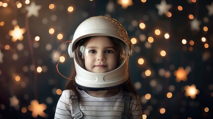 Portrait of a cute little girl in an astronaut helmet on the background of a star garland. International Day of Human Space Flight - obrazy, fototapety, plakaty