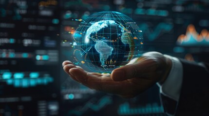 Hand presenting a holographic globe with economic growth charts symbolizing global business trends and data analysis..