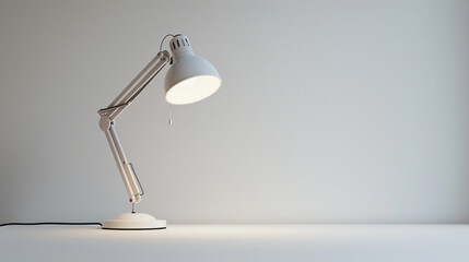 A modern minimalist desk lamp illuminated on a pure white background. - obrazy, fototapety, plakaty