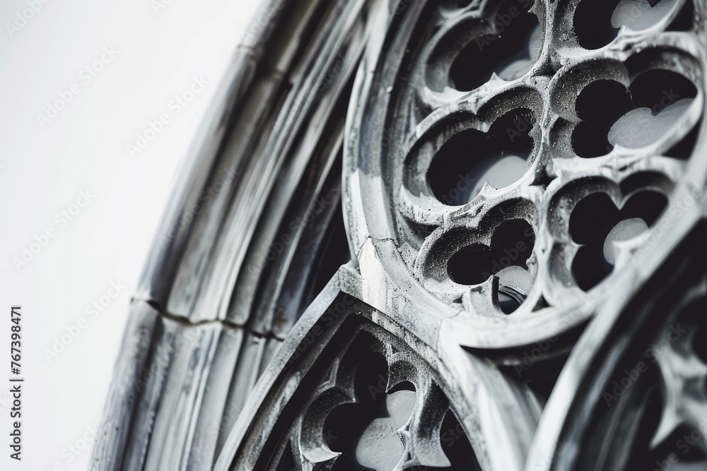 Poster a close-up of an old gothic window, its intricate tracery and pointed arches standing out starkly ag