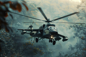 Military Helicopter Maneuvers Through Misty Forest Morning - Aerial Power Banner