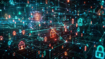 A complex network of digital padlocks, representing a cybersecurity system, highlights concepts of data protection and secure communication..