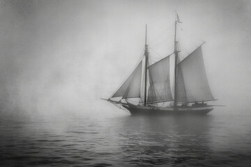 Mystical Voyage: Antique Sailing Ship Emerging from the Fog Banner